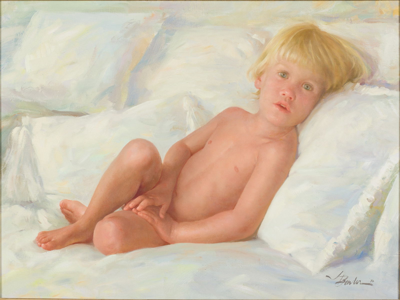 Joe Bowler (NY/SC, 1928-2017), Portrait of a Child: Description: Joe Bowler (NY/SC, 1928-2017), Portrait of a Child, Oil on Canvas, signed and dated '76 lower right, depicting a blond child on white bedding, in a gilt and painted wood frame. Frame