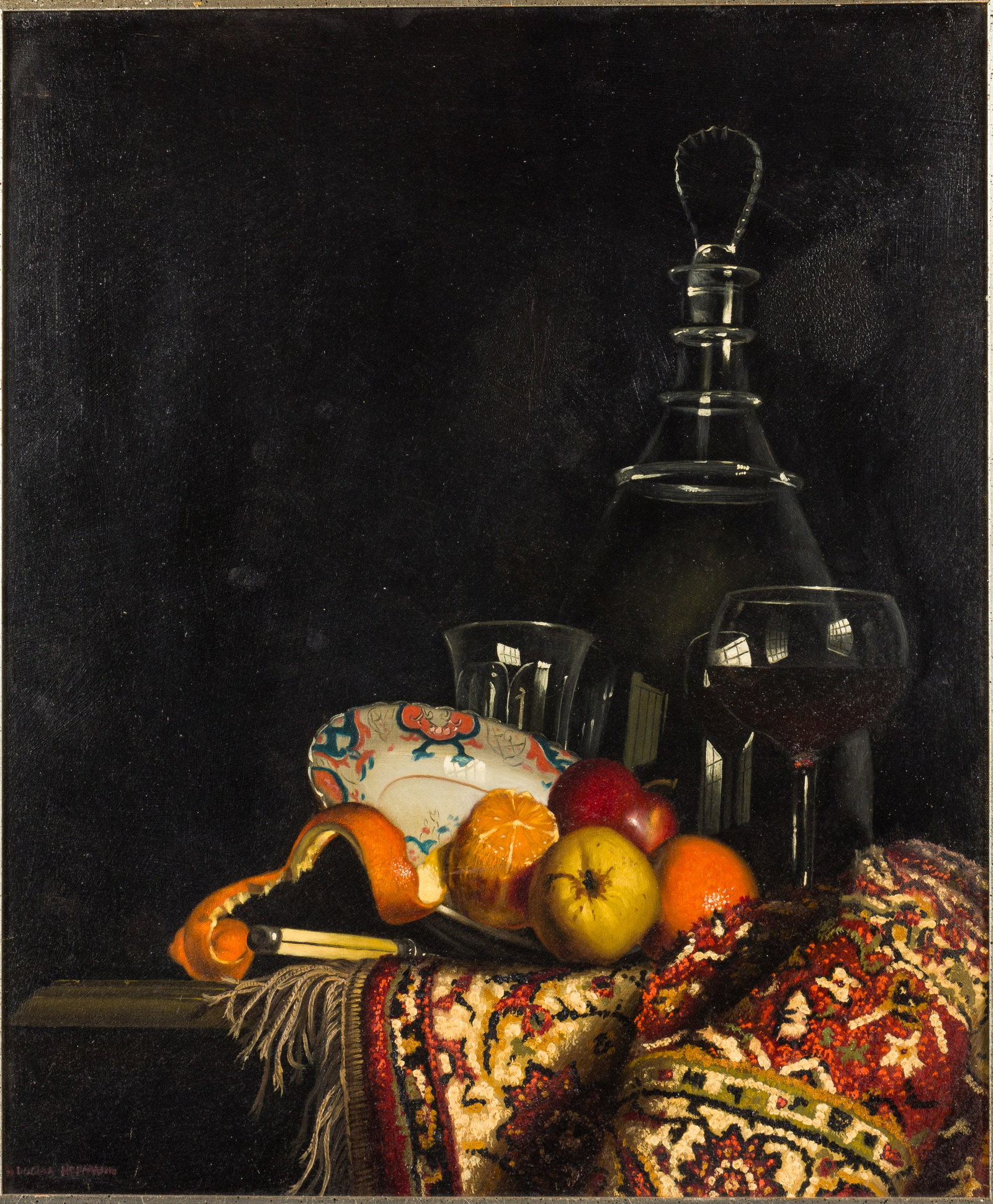 Douglas Hofmann (American, b. 1945), Still Life, Oil: Property of a Private Collector, Savannah, GA Description: Douglas Hofmann (American, b. 1945), Still Life, Oil on Board, signed lower left, depicting a still life with rug, decanter and wine glas