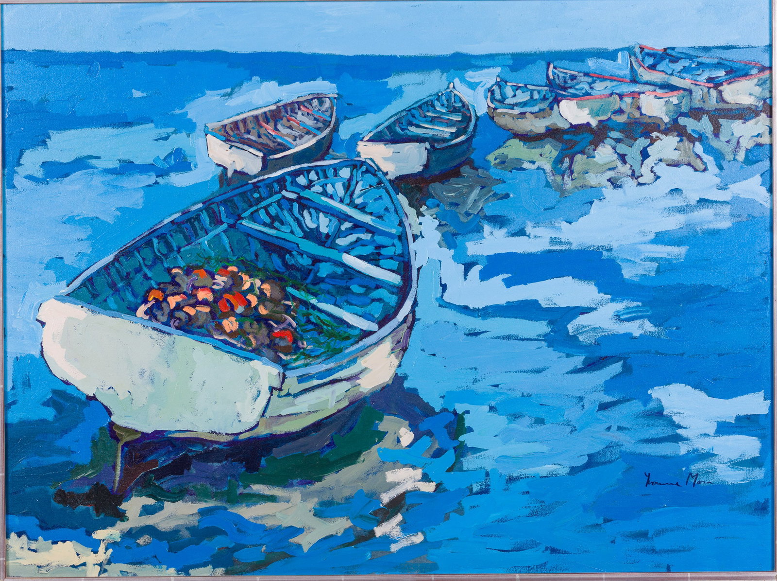 Yvonne Mora (Peru, 21st C), Boat, Oil on Canvas: Description: Yvonne Mora (Peru, 21st C), Boat, Oil on Canvas, signed lower right, depicting fishing boats on the water, in a silvered frame. Frame size: 39 3/4 in. x 51 1/2 in. Measurem