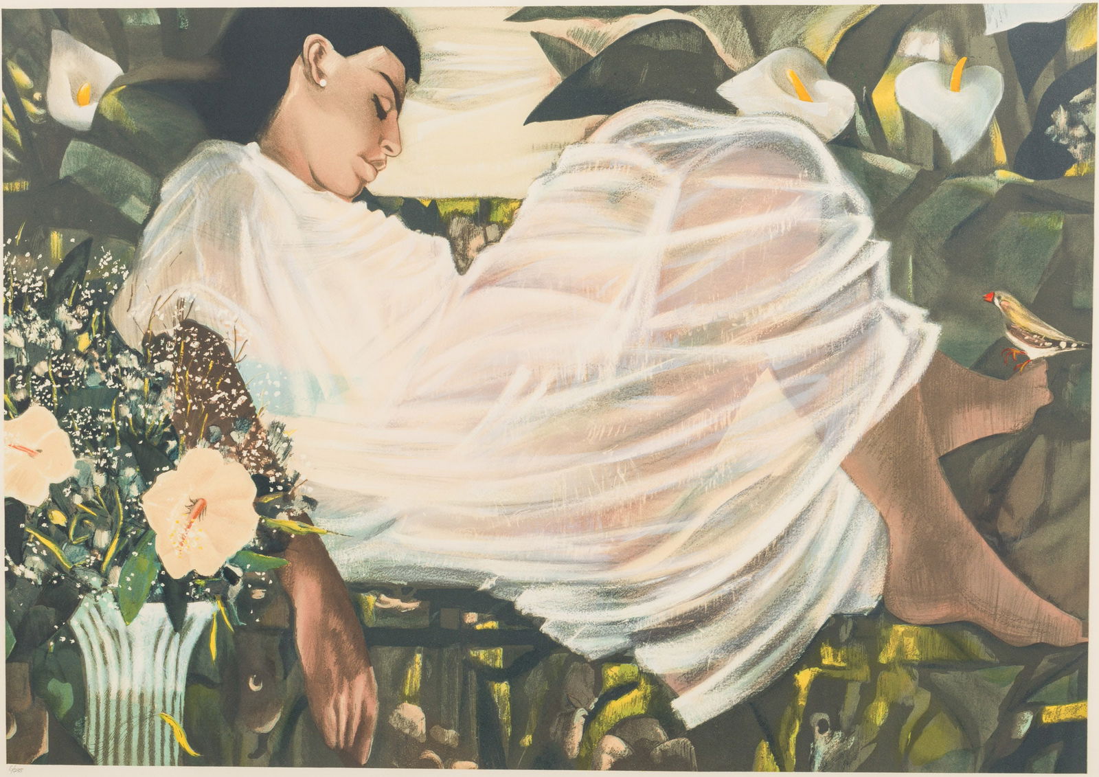 Ramon Lombarte (Spanish, b. 1956), Reclining Woman: Description: Ramon Lombarte (Spanish, b. 1956), Reclining Woman, Lithograph, pencil signed lower right and numbered 6/285 lower left, depicting a sleeping woman with bird and flowers, matted and