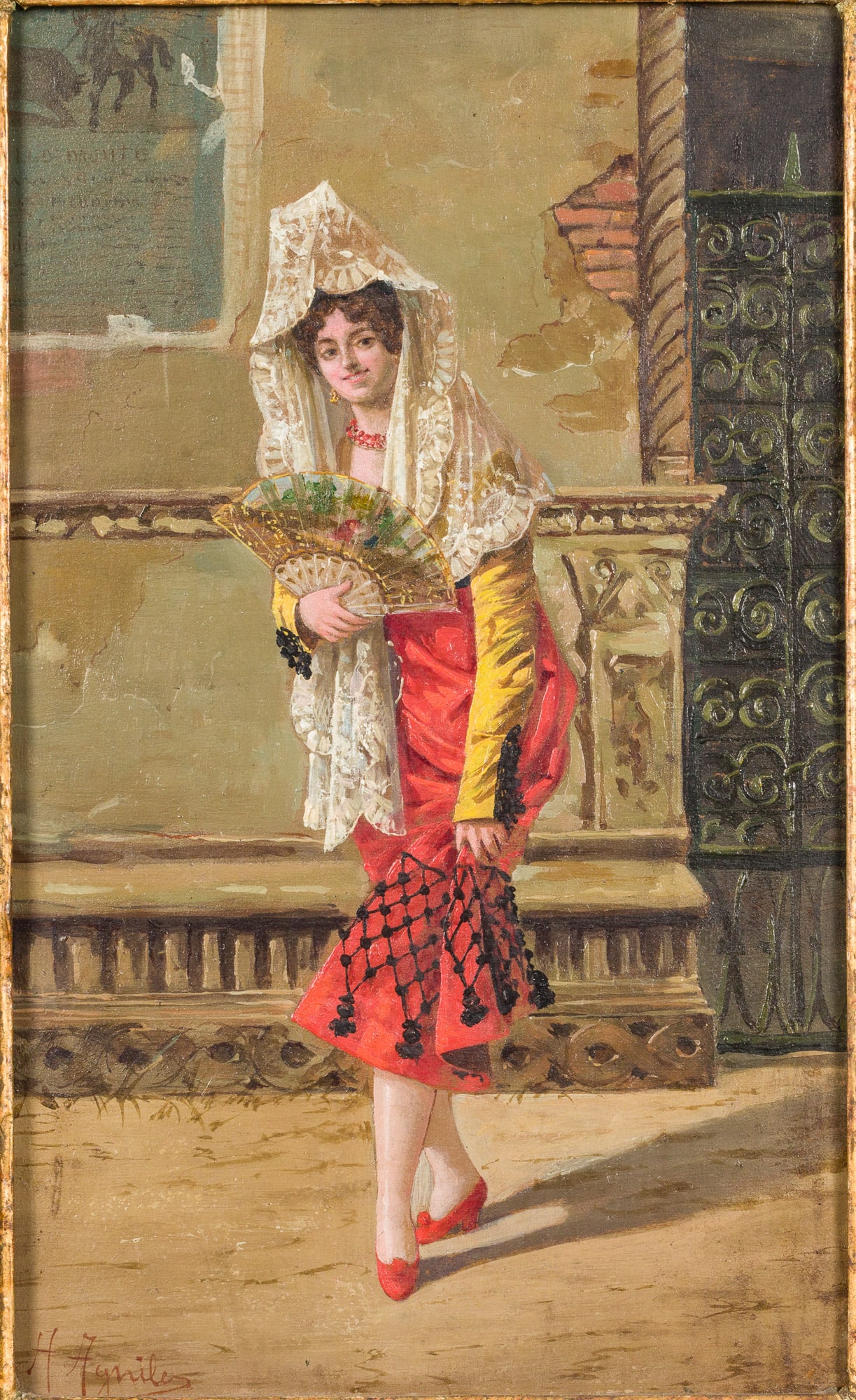 H. Agniles, A Spanish Beauty, Oil on Board: Description: H. Agniles, A Spanish Beauty, Oil on Board, signed lower left, depicting a woman with fan in a giltwood frame. Frame size: 18 in. 13 5/8 in. Provenance: Sotheby's, Old Master to 19t