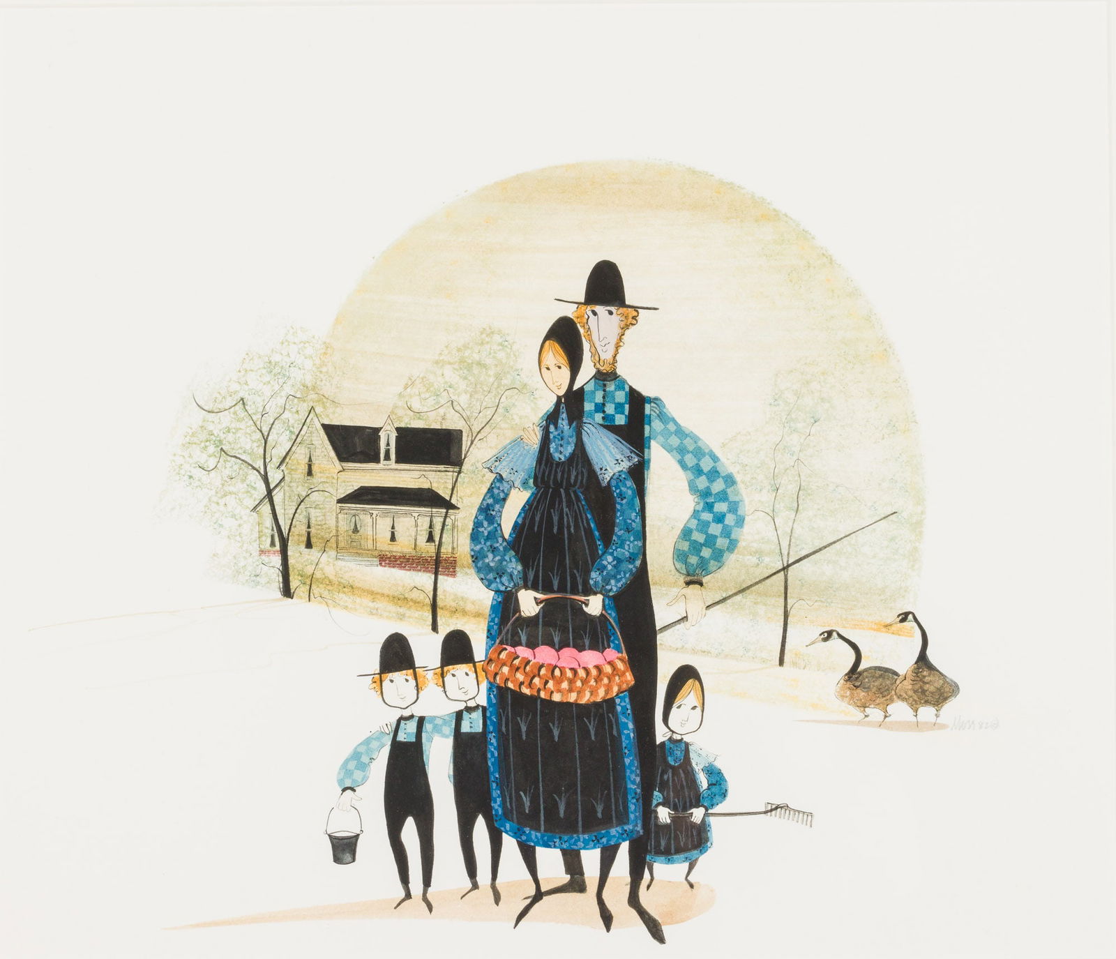 P. Buckley Moss (VA/NY, b. 1933), Family Group with Geese, W/C (1 of 11)