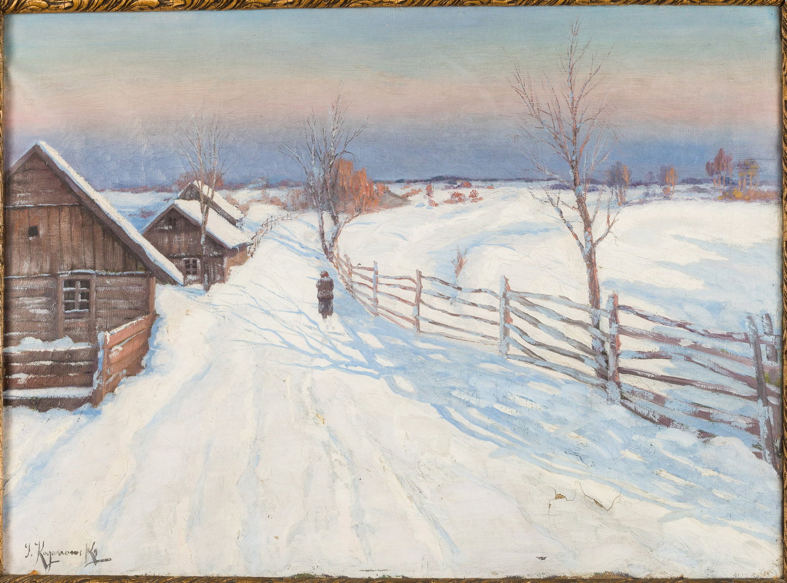 Joshua Kaganove (IL/Russian Federation, 1892-1968), Snow Scene: Property of a Diplomatic World-Traveling Family Description: Joshua Kaganove (Illinois/Russian Federation, 1892-1968), Snow Scene, Oil on Canvas, signed lower left, depicting a figure walking alon