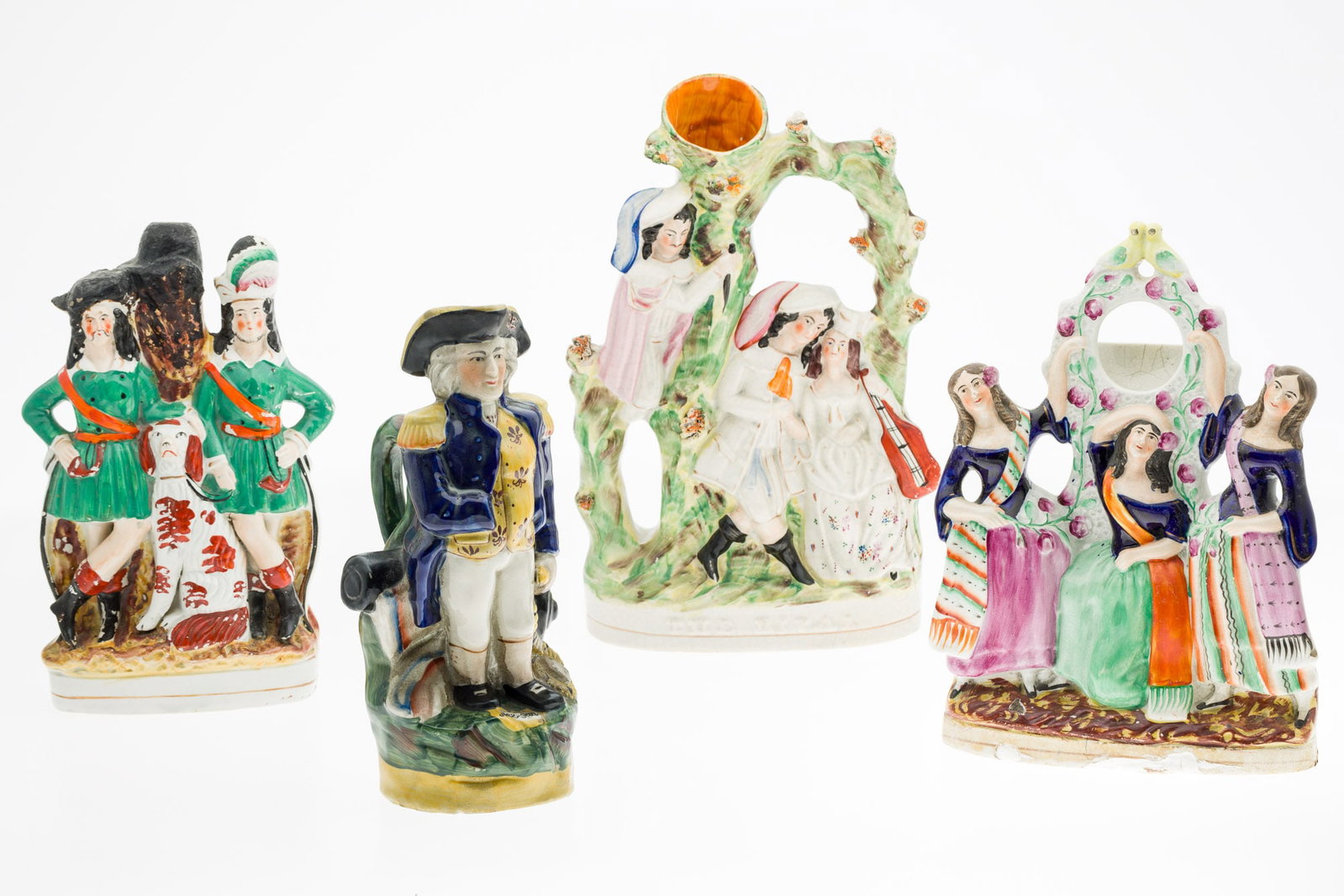 4 Pieces of English Staffordshire, 19th C and Later: Property of a Sea Island, GA Estate Description: 4 Pieces of English Staffordshire, 19th C and Later, comprising a 'Lord Nelson' figure handled pitcher (craquelure), 'The Rival' figural group vase