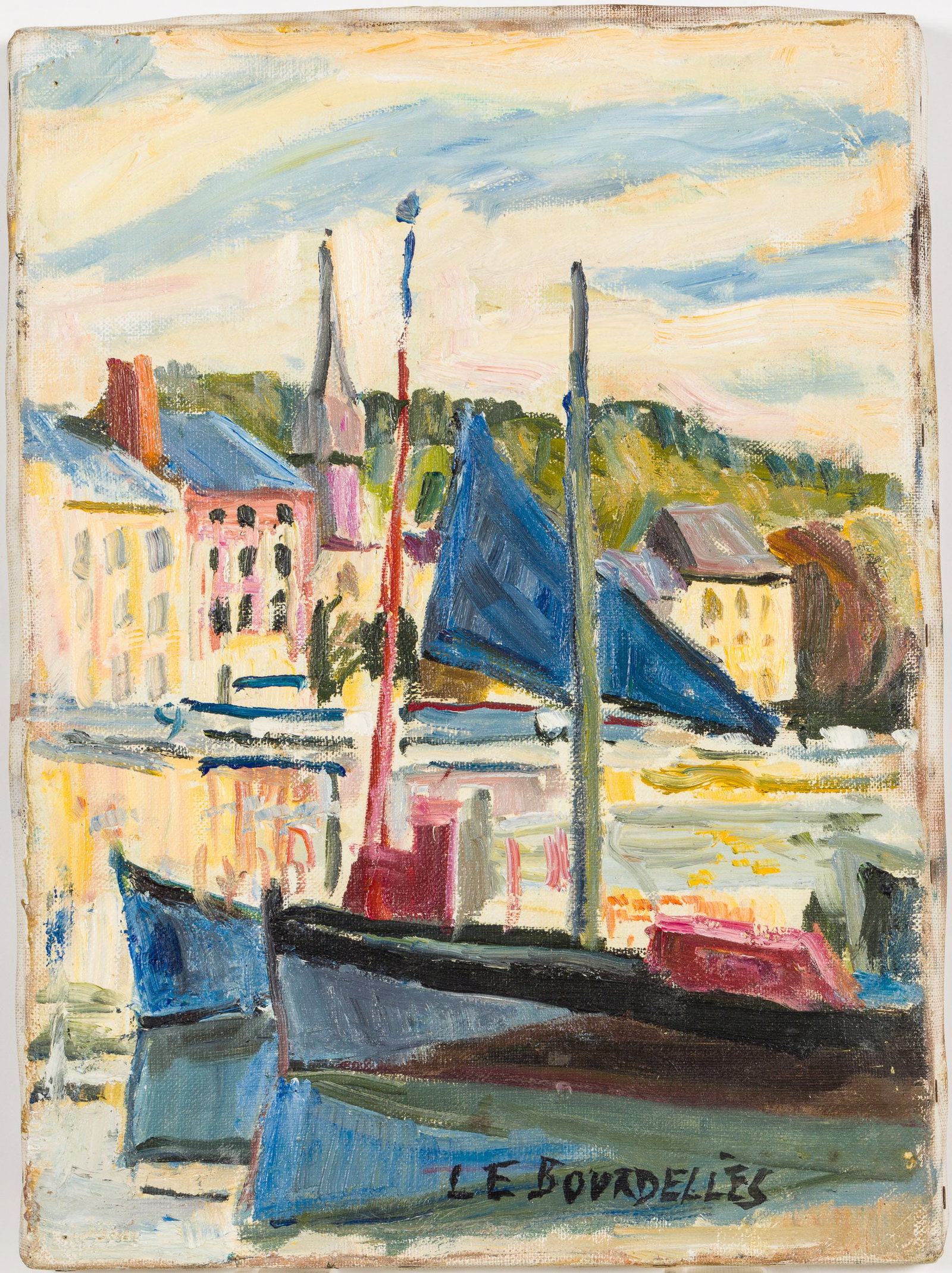 Herve Le Bourdelles (French, 1928-1986), Bateaux: Description: Herve Le Bourdelles (French, 1928-1986), Bateaux, Oil on Canvas, signed lower right, with gallery labels on verso, depicting docked sail boats, unframed. Herve Le Bourdelle s