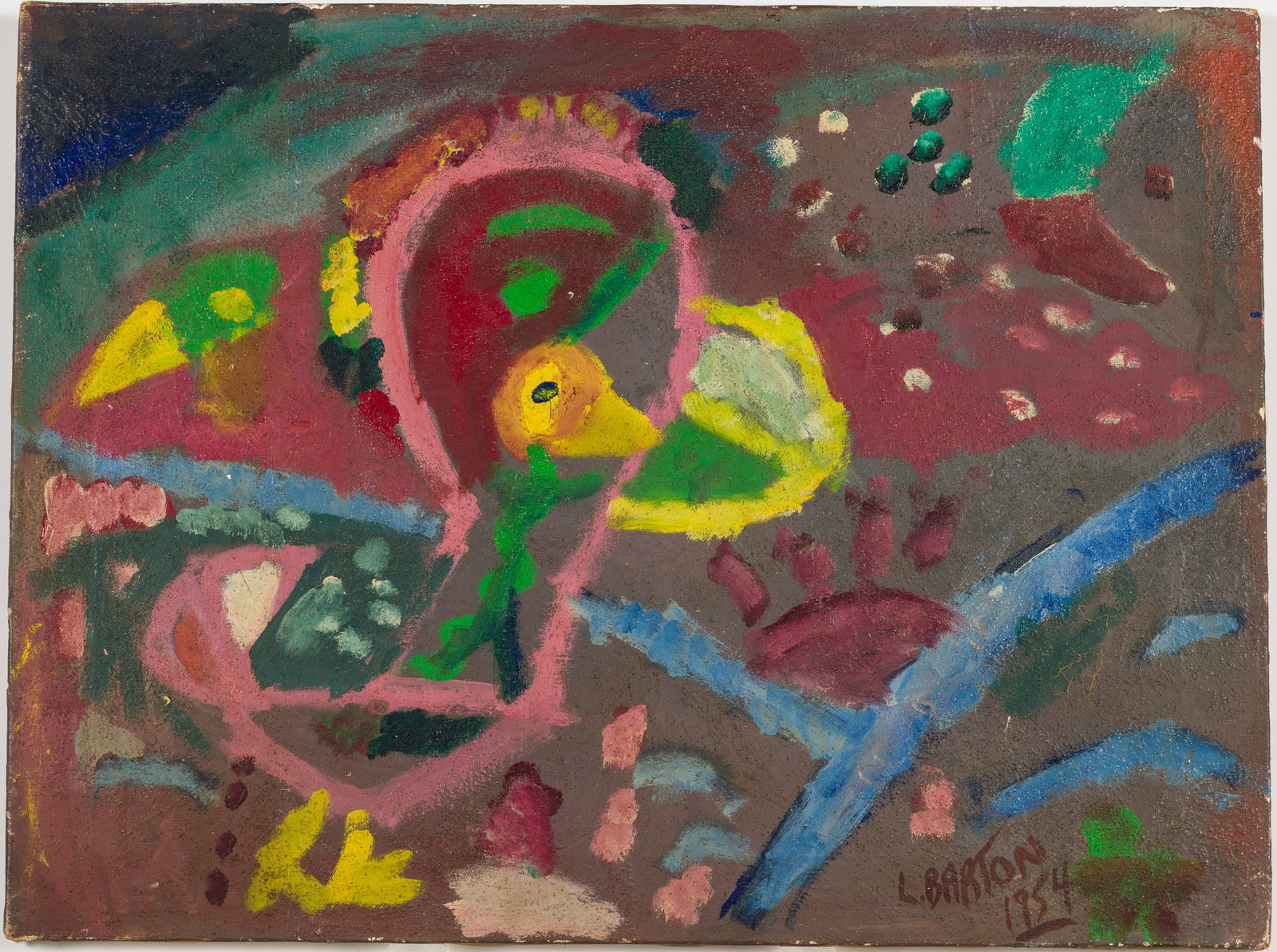 Lisa Barton, Surrealist Abstract, 1954: Description: Lisa Barton (American, 20th/21st C), Surrealist Abstract, 1954, signed and dated 1954, an abstract scene in tones of yellow, green, red and pink, against a purple/gray ground with te