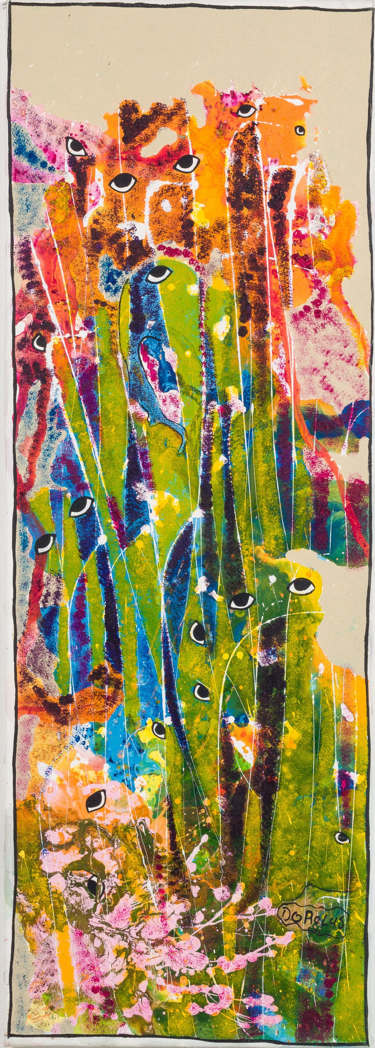 Frantz Dorelus (Haitian, b.1974), Floral Abstract: Description: Frantz Dorelus (Haitian, b.1974), Floral Abstract, Oil on Canvas, signed lower right, depicting an abstract in tones of green, blue, orange and pink, unframed. Frantz Dorelus