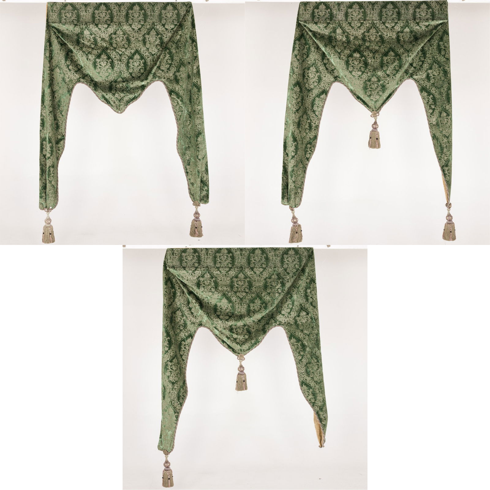 Three Green Velvet Valances: Description: Three Green Velvet Valances, with tassels. Measurements: Height: overall 7 ft. x Width: at top of board 52 in.