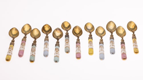 12 German Porcelain and Silver Teaspoons
