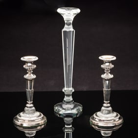 Pair of Silverplate Candlesticks and a Glass Candlestick