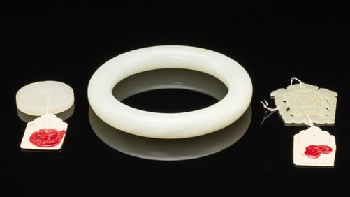 Chinese white Jade Bracelet, and Two Jade Carvings