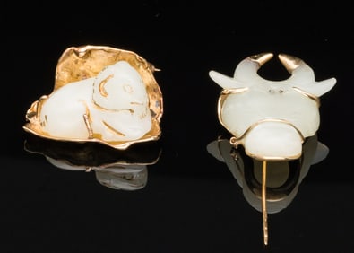 14K Gold and Jade Collar Pin and a Brooch