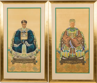 Pair of Chinese Ancestor Portraits on Silk, 20th C