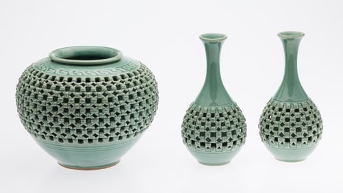 Korean Celadon Vase and Pair of Vases
