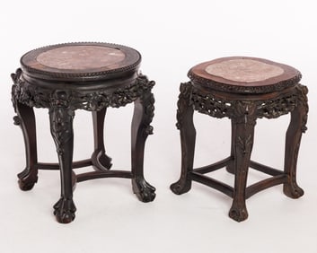 Two Chinese Hardwood Marble Top Low Tables