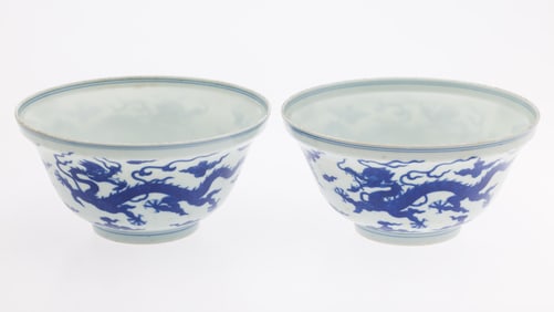 Pair of Chinese Blue and White Bowls with Dragons