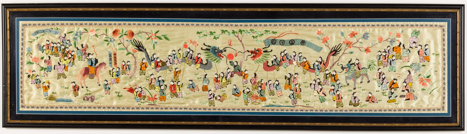 Chinese Embroidery on Silk of a Procession: Property from a Georgia Private Collector Description: Chinese Embroidery on Silk of a Procession, with red and blue dragons. Frame size: 18 3/4 in. x 68 1/2 in. Measurements: H