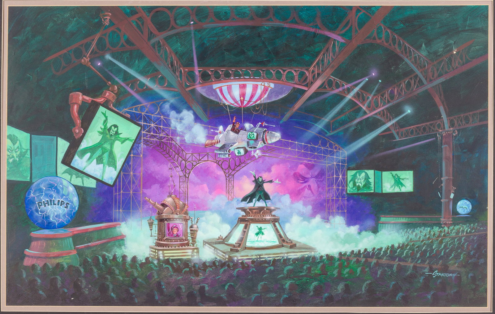 Reggie Stanton, Ground Breaking Ceremony Euro Disney: Property of Hugh Darley Description: Reggie Stanton (America, 20th/21st C), Ground Breaking Ceremony Euro Disney Land, c. 1980's, signed lower right, depicting an elaborate stage performance, comm