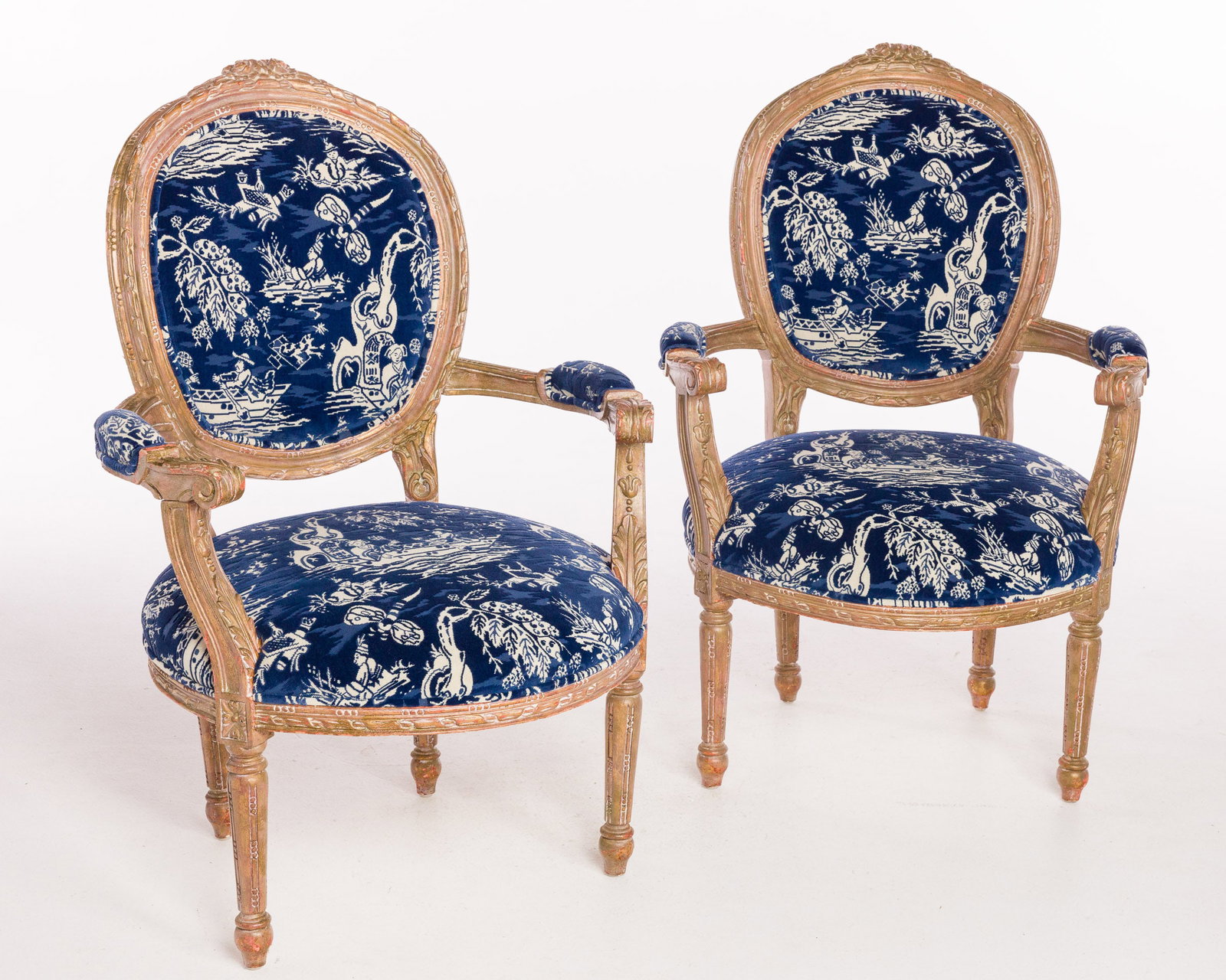 Pair of Louis XVI Style Open Armchairs: Property from the Estate of Ann Lytle, Savannah, GA Description: Pair of Louis XVI Style Open Armchairs, each upholstered in Brunschwig & Fils cut velvet, with oval backs and rounded seats flanked