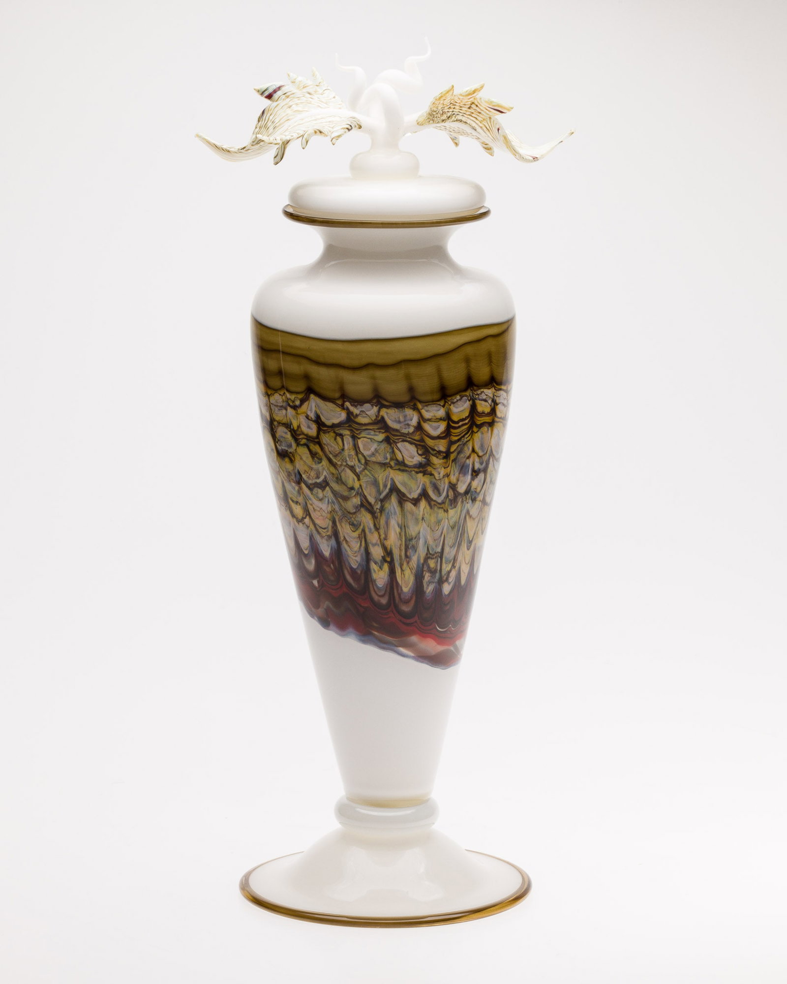 Lidded Art Glass Urn, Illegibly Signed, 2012: Property from the Estate of Ann Lytle, Savannah, GA Description: Lidded Art Glass Urn, Illegibly Signed, 2012, illegibly signed and dated 2012 on bottom, the lid with elaborate leaf finial.