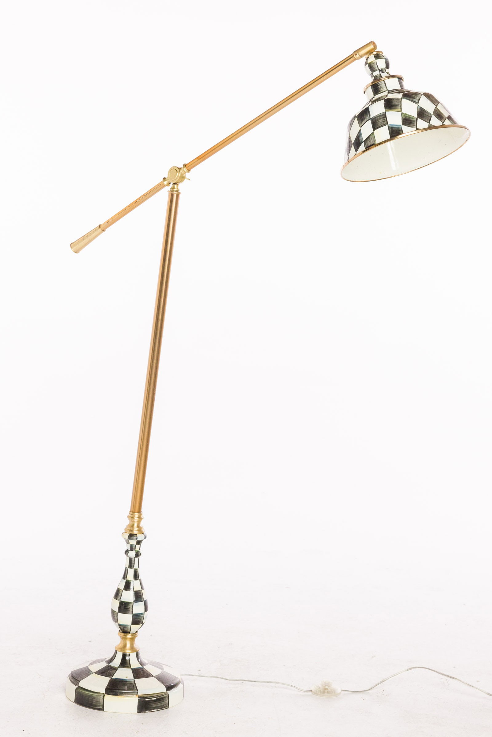 Mackenzie-Childs Courtly Check Reading Floor Lamp: Property from the Estate of Ann Lytle, Savannah, GA Description: Mackenzie-Childs Courtly Check Reading Floor Lamp, with adjustable arm with tole shade on a circular base, marked Mackenzie-Childs