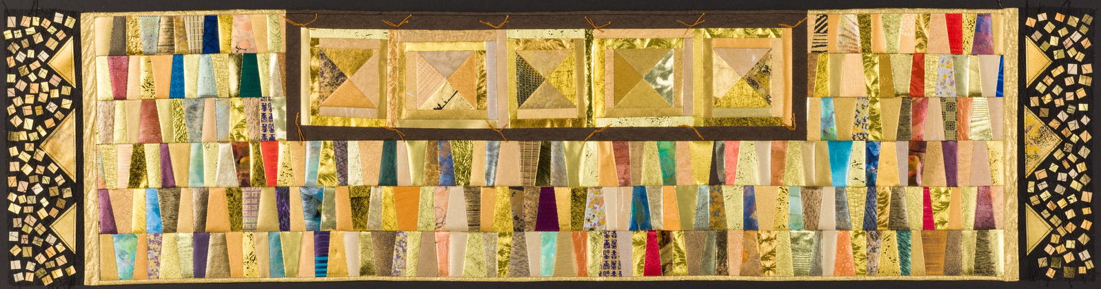 Lucinda Carlstrom (American, b. 1950) Framed Textile: Property from the Estate of Ann Lytle, Savannah, GA Description: Lucinda Carlstrom (American, b. 1950) Framed Textile, unsigned, floating in a gilt and black frame. Frame size: 19 in. x 51 in.