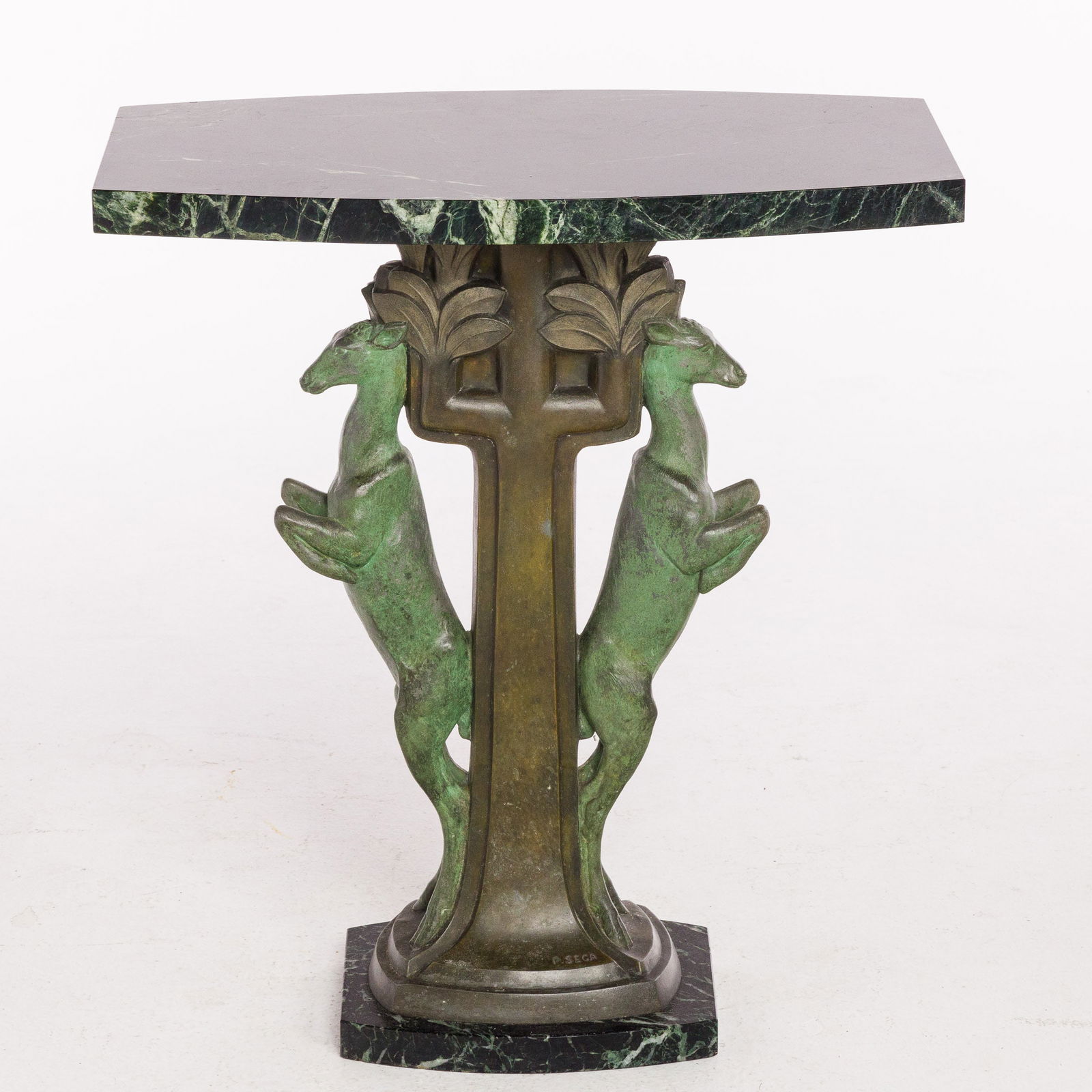 P. Sega, French Art Deco Patinated Metal and Marble Pedestal Table (1 of 13)