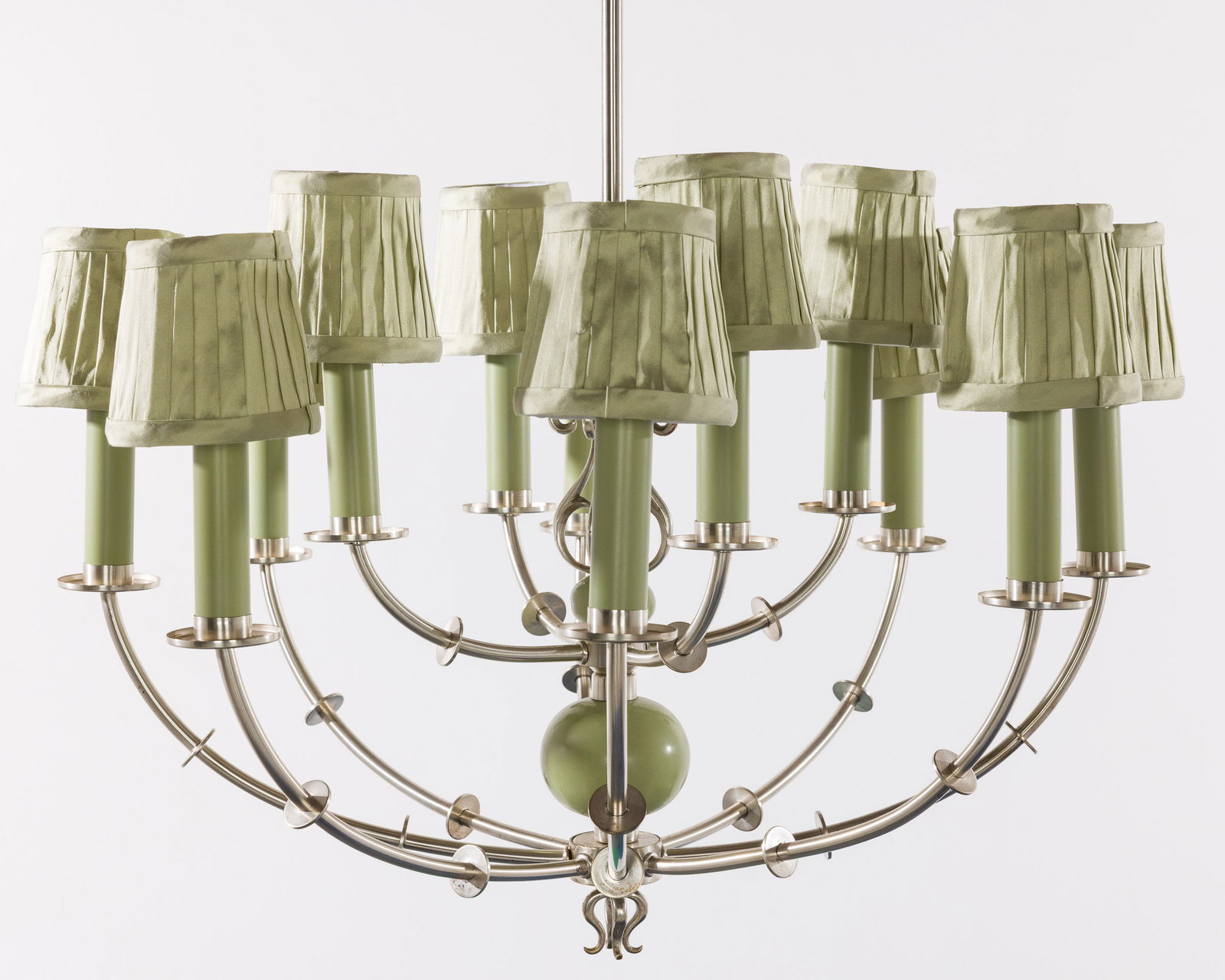 Swedish Silvered Brass & Enameled 12-Arm Chandelier (1 of 8)
