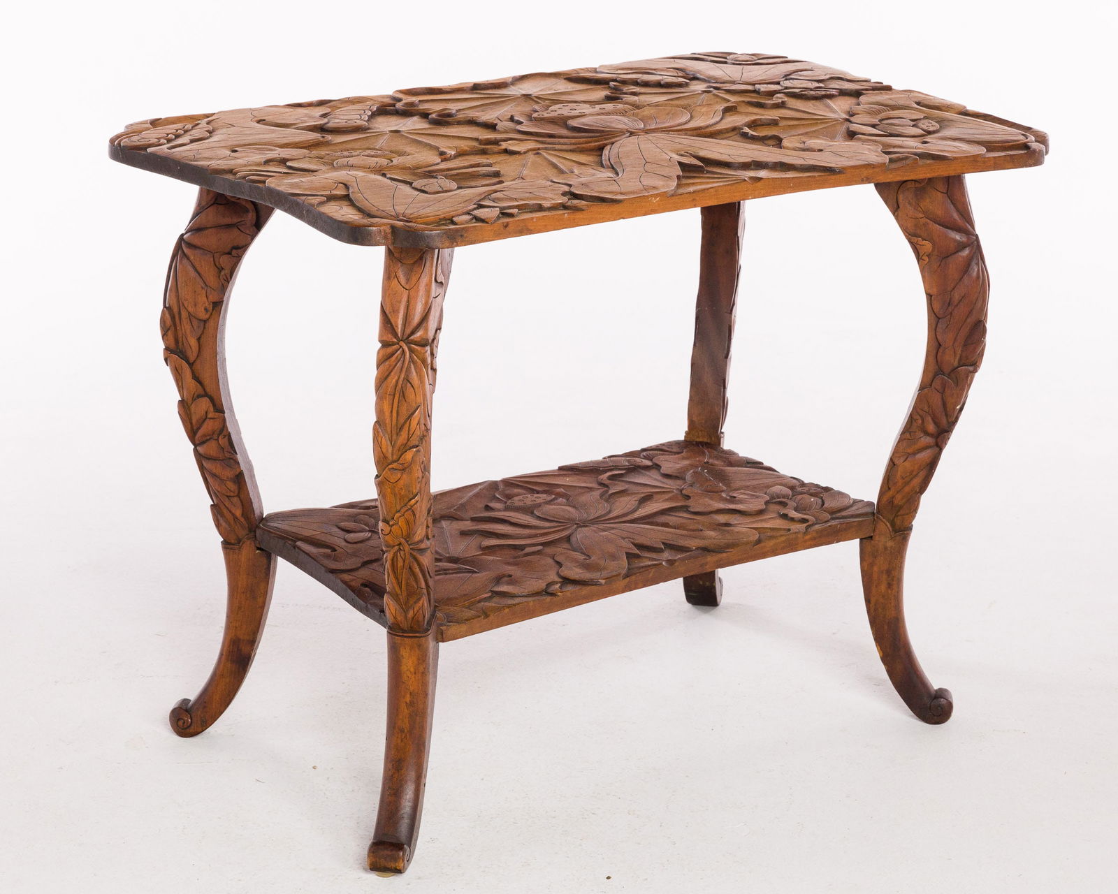 Chinese Lotus-Carved Stained Wood Two Tier Table (1 of 10)