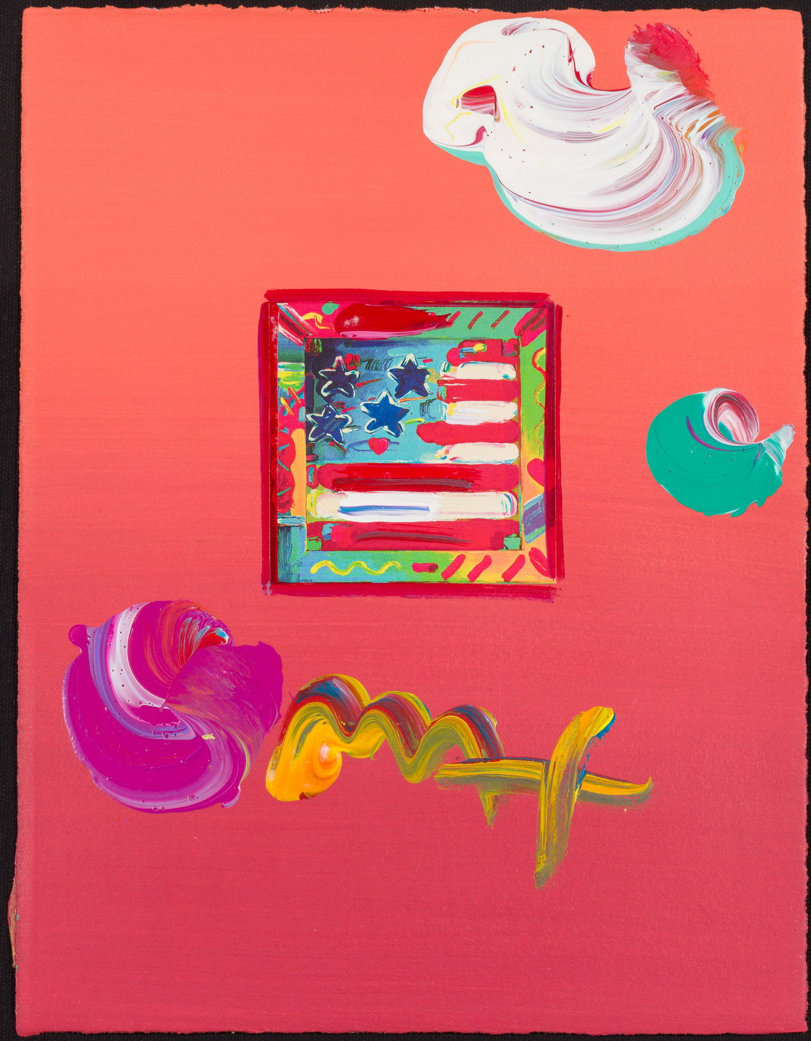 Peter Max, Flag with Heart, Mixed Media on Paper: Property from the Estate of Vincent Sgroi, Bluffton, SC Description: Peter Max (German-American, b. 1937), Flag with Heart, Mixed Media on Paper, signed 'Max' lower quadrant, with offset lithograp