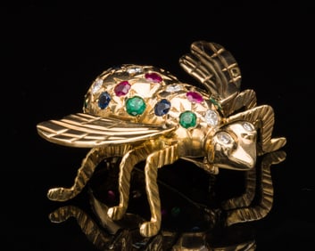 18K Bee Pin w Diamonds, Emeralds, Rubies & Sapphires