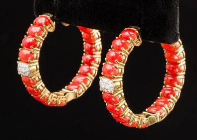 Pair of 18K Gold, Diamond and Coral Hoop Earrings