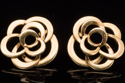 Pair of Chanel 18K Gold Camelia Earrings
