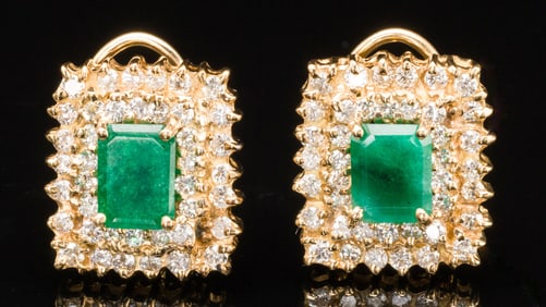 Pair of 14K Gold and Emerald Earrings