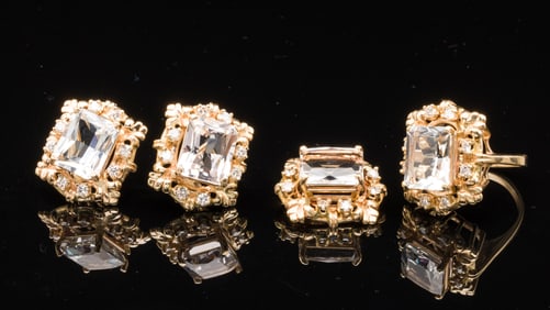 14K Gold and Aquamarine Ring, Earrings and Pin