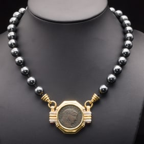 18K Hematite, Diamond & Ruby Necklace w Roman Coin