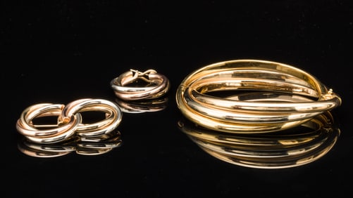 18K Tri-Color Bangle Bracelet, Pin and Earring