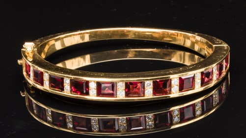 18K Gold, Diamond and Garnet Bangle Bracelet
