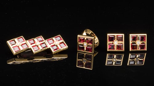 18K Gold, Diamond, and Garnet Earrings, Ring and Pin