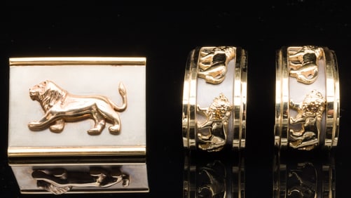 14K Gold Earrings and a Pin with Lion Motif
