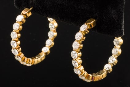 Pair of 14K Gold and Diamond Hoop Earrings