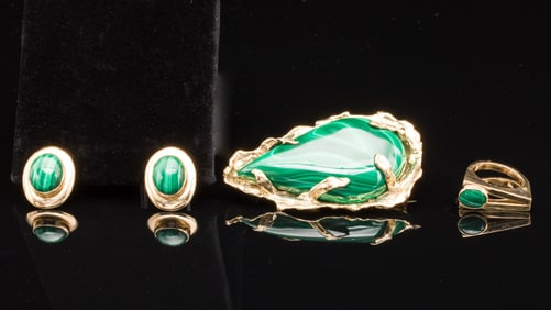 14K Gold and Malachite Pendant, Ring & Earrings