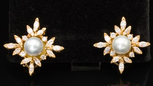 Pair of 14K Gold, Diamond and Pearl Earrings