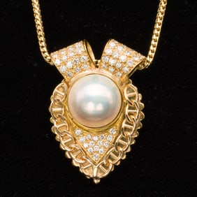 18K Gold, Mabe Pearl and Diamond Necklace