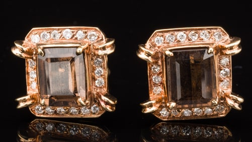 Pair of Smoky Quartz, Diamond 14K Gold Earrings