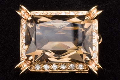 14K Gold, Smoky Quartz and Diamond Brooch