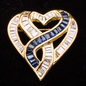 18K Gold, Diamond and Sapphire Heart Pin