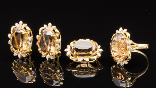 14K Gold Diamond & Citrine Pin, Ring & Earrings