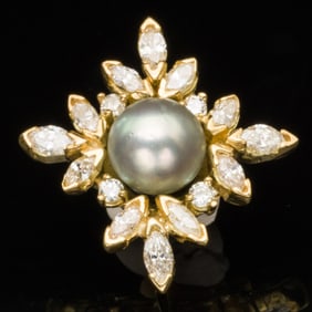 14K Gold, Diamond and Pearl Pendant