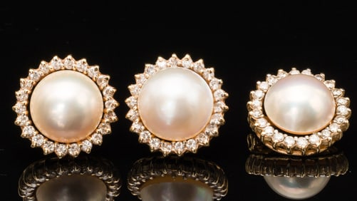 Pair 14K Gold, Diamond & Mabe Pearl Earrings & Pin